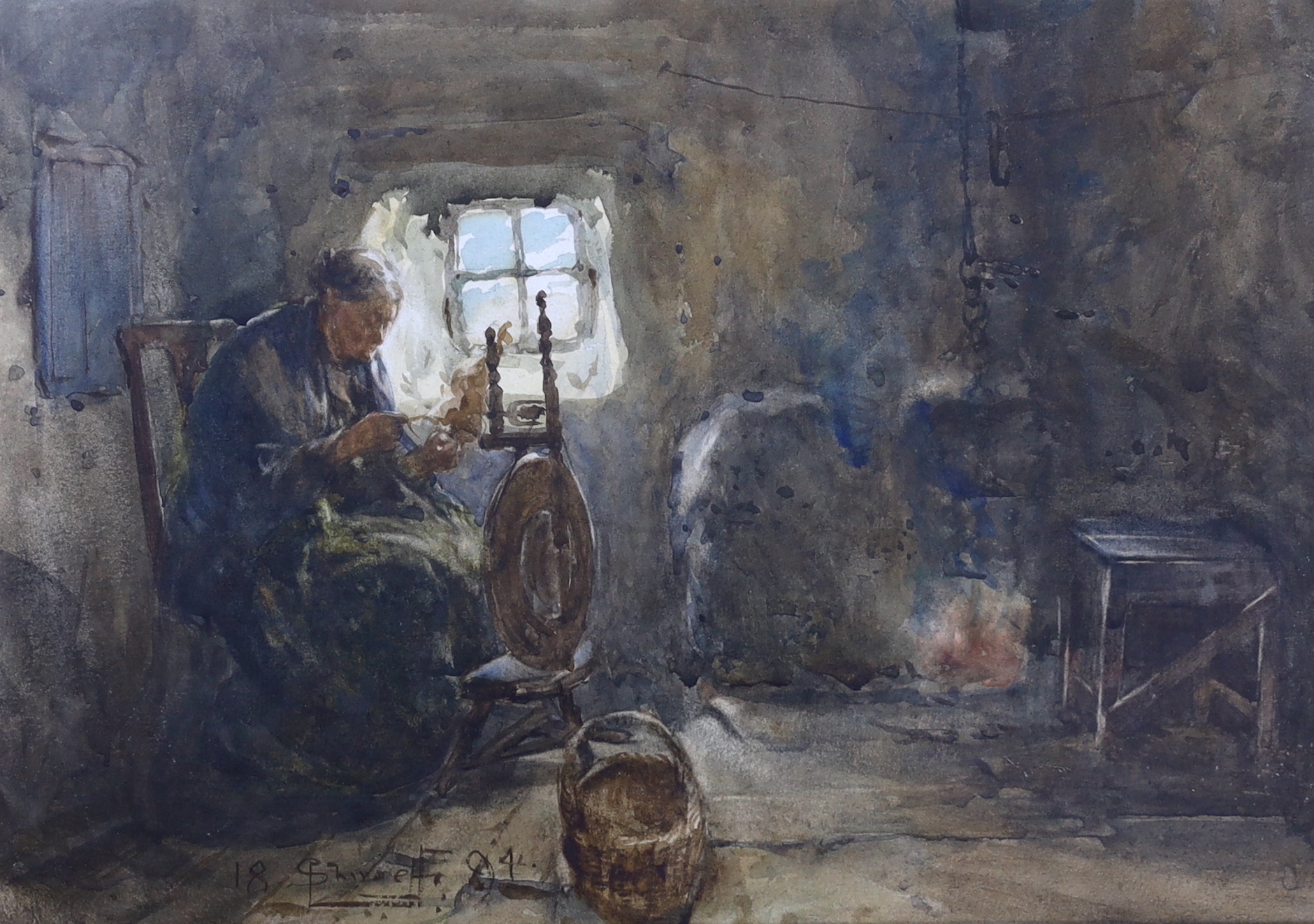 Victorian School, watercolour, Interior with lady seated at a spinning wheel, indistinctly signed and dated 1894, 24 x 34cm, ornate gilt framed